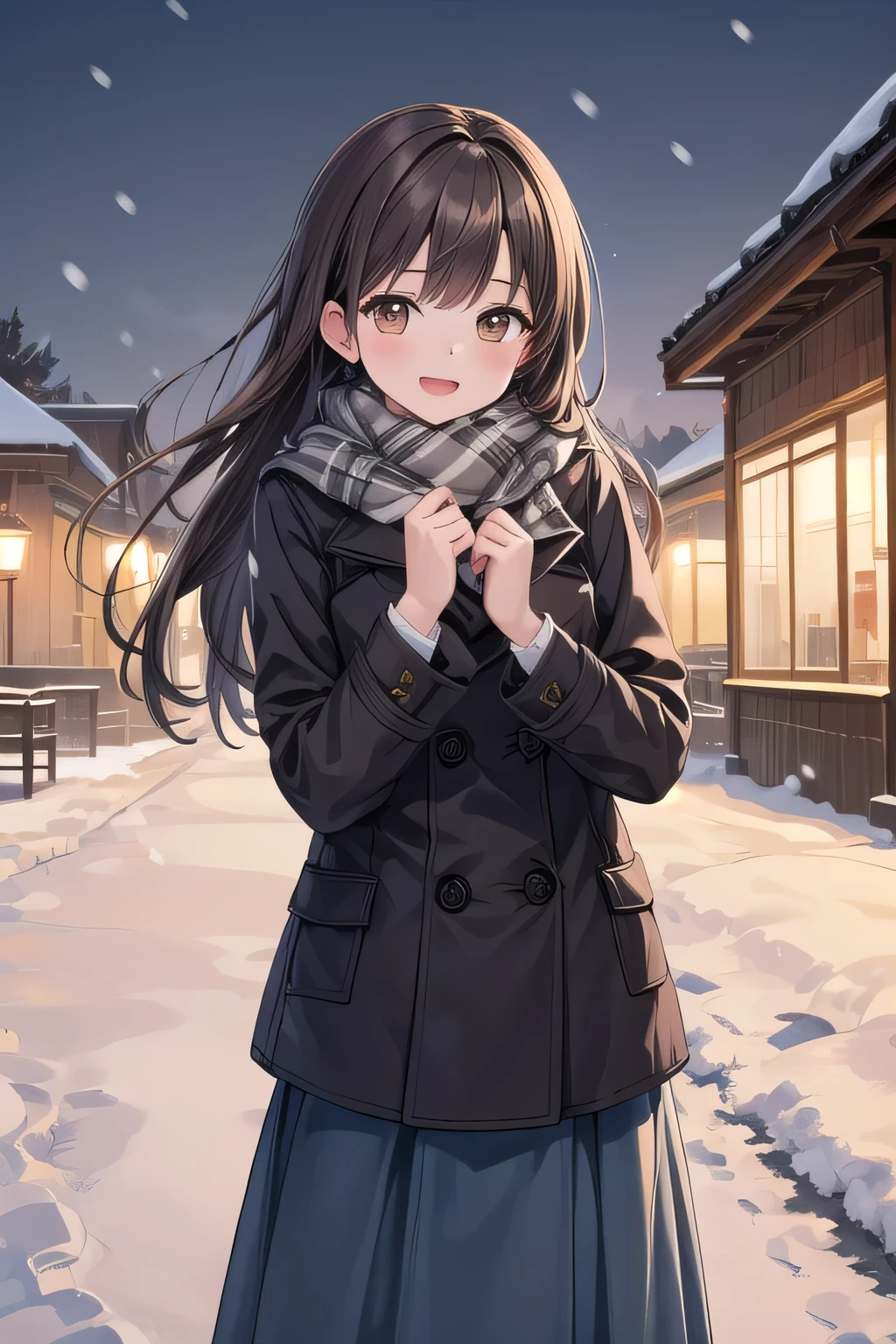 Solo Girl, 20-year-old,Long Hair, Dark brown hair, Brown eyes, Mid-chest, Happy,pea coat,,Fluffy scarf,Maxi Skirt ,Outdoor, winter,snow, Highest quality, High resolution, Very detailed, Detailed Background, Perfect lighting