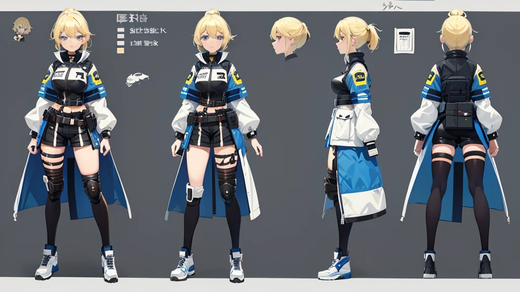 police girl ,blonde hair,blue eye,character design sheet, character turnaround