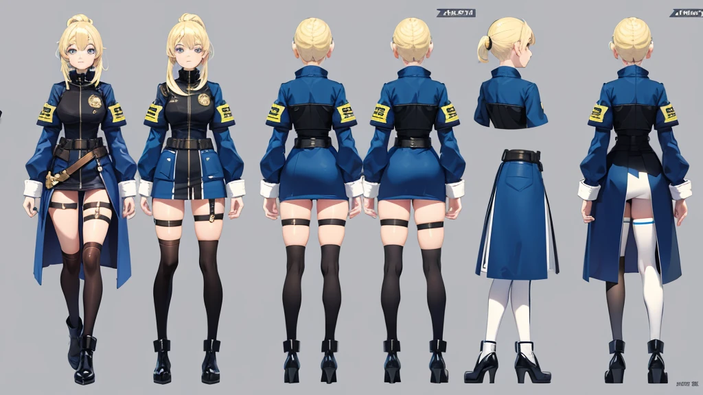 police girl ,blonde hair,blue eye,character design sheet, character turnaround