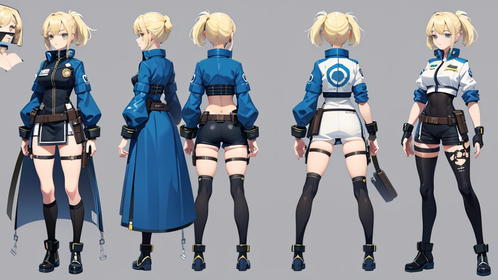 police girl ,blonde hair,blue eye,character design sheet, character turnaround