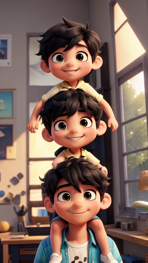 A man rides a 2 year old on his shoulder, sunlight shining through the window on the body, short black hair, smile, high detail, anime style, ray tracing, cinematic lighting, chiaroscuro, symmetry, first-person perspective, man (1.4), girl (1.2), smile (1.3), short black hair (1.2), best quality, 8k.