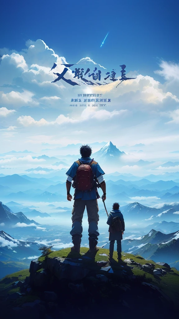 there is a man and a standing on a mountain, beautiful cinematic poster, your name movie style, movie promotional image, adventure movie, by Ni Yuanlu, cinematic poster, official poster, cinematic. by leng jun, promotional movie poster, your name, movie poster with no text, looking at the mountains, key art, incredible ruan jia movie poster