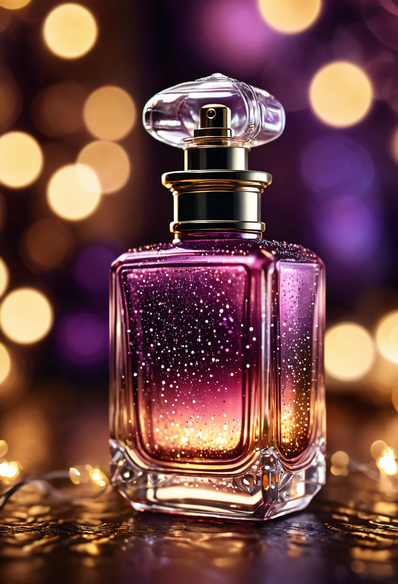extremely detailed, extreme closeup, old perfume bottle, plum glowing glass, tons of sparkling tiny lights, sharp focus, bokeh, hires,