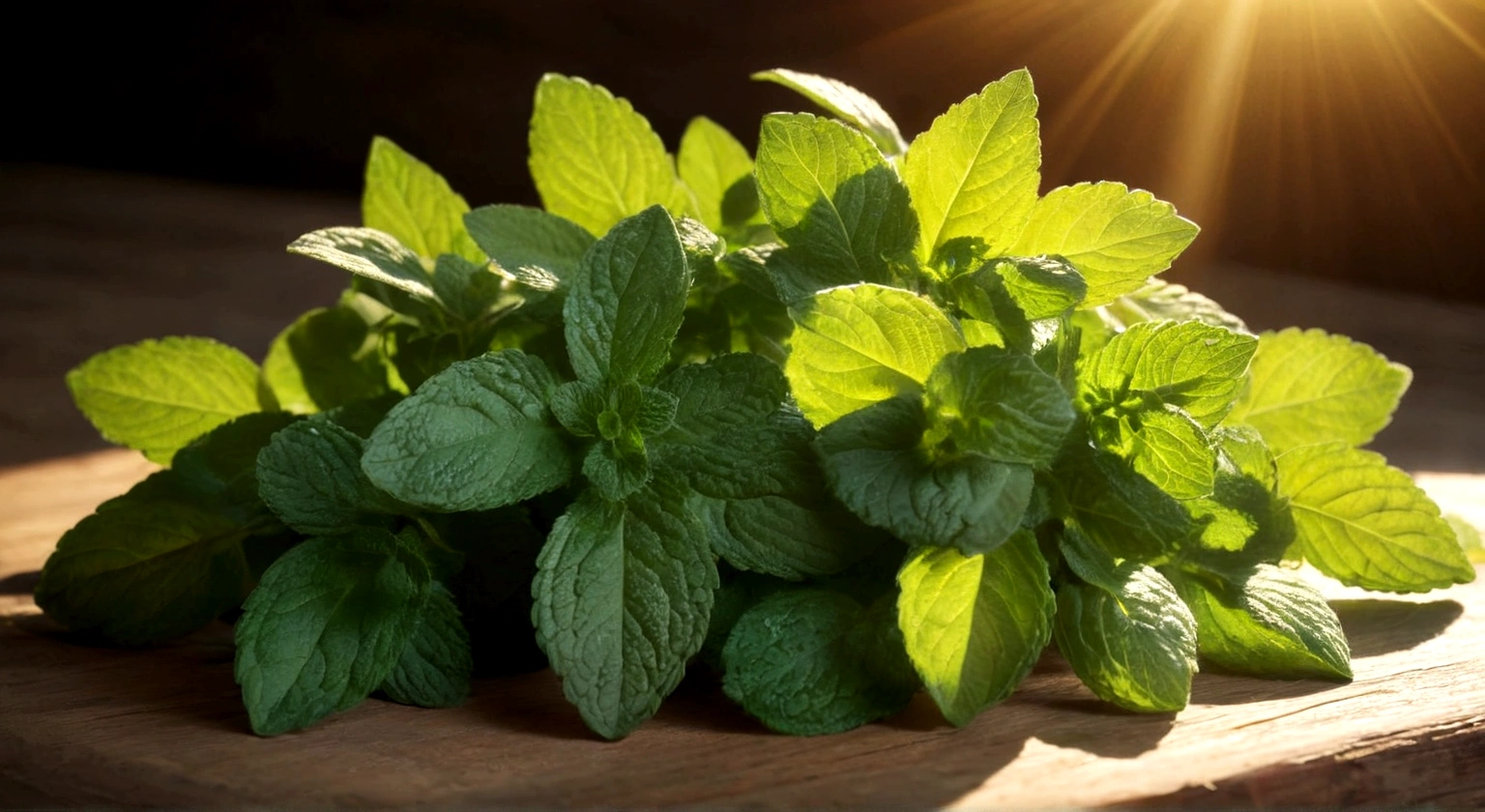 a large handful of mint and lemon balm, sun rays,, rustic country style,  sunny, rustic country style, 8k.very realistic cinematic photo, Extremely Realistic