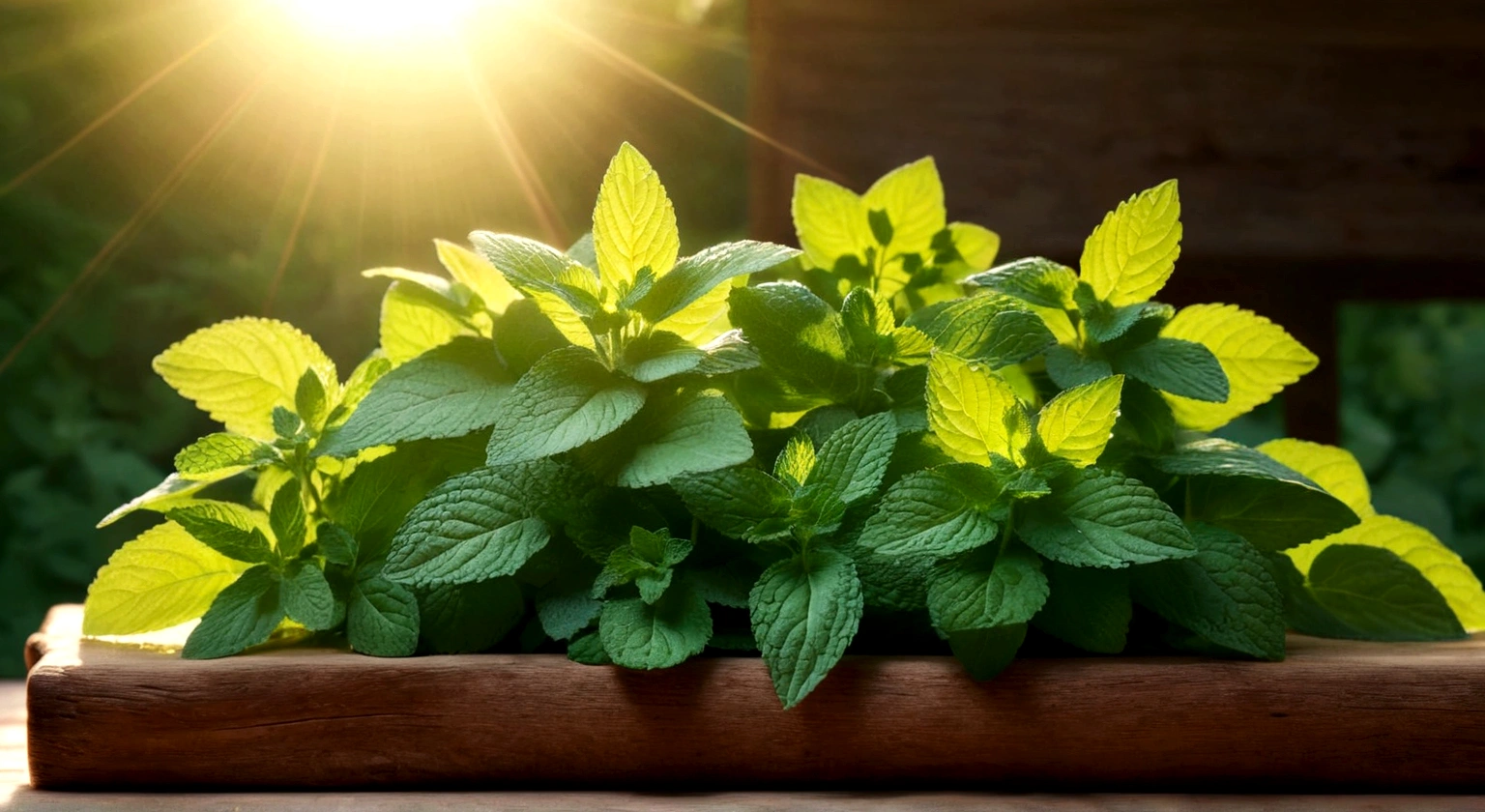 a large handful of mint and lemon balm, sun rays,, rustic country style, sunny, rustic country style, 8k.very realistic cinematic photo, Extremely Realistic