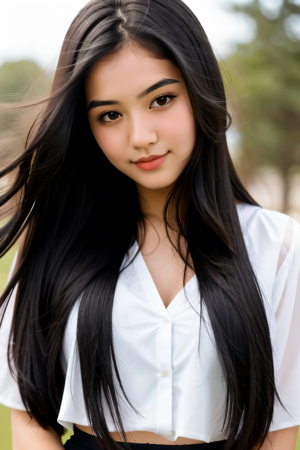 1 girl with long black hair, white skirt, close-up of face