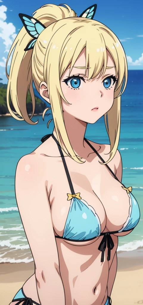 Seina Kashiwazaki, 1girl in, a blond, ponytail, butterfly hair ornament, (medium breast), Light blue micro bikini, (upper body:1.5), sand beach