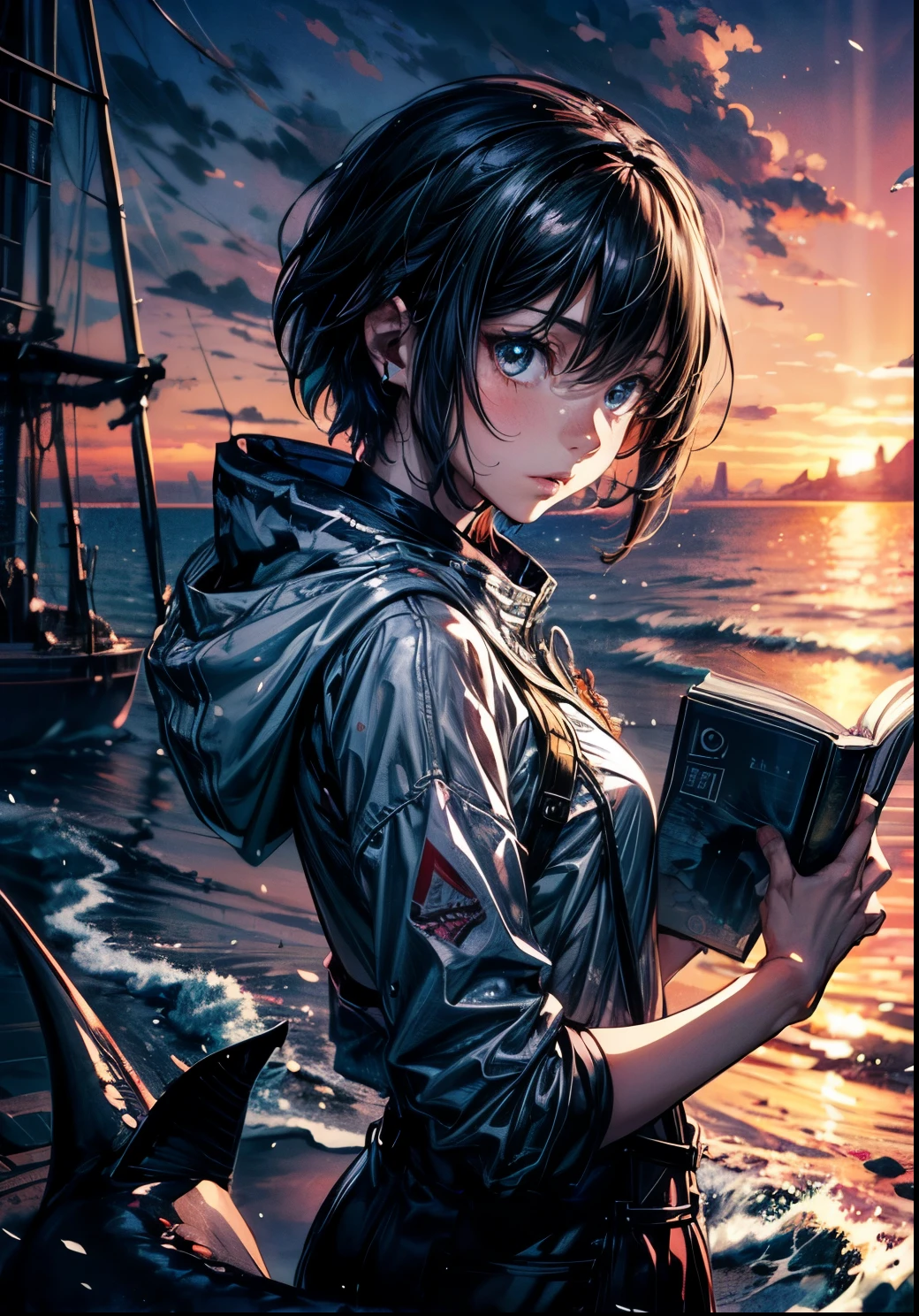 1girl ,reading a book with a shark in the ocean, by Yuumei, artbook artwork, by Kamagurka, pixiv trending, pixiv contest winner, ( ( makoto shinkai ) ), makoto shinkai cyril rolando, by Yang J, beautiful anime artwork, pixiv, detailed anime artwork, inspired by Yuumei