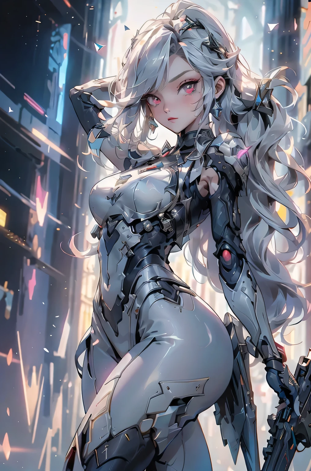((Cyberpunk women images))，raise one's arms high:1.4、armpits,,(masterpiece:1.4, Highest quality, Dutch Angle)(One Girl, alone)（Gray hair that changes with light、Smooth and straight hair、WHITE hair fluttering in the wind）、（beautiful, Glowing Skin、Cheek Gloss Highlighter、Sexy and very beautiful and adorable face、The most beautiful face in the world、big, Glowing red eyes）、（Cute 25 year old girl, large breasts、Tight waist、Delicate shoulders、Perfect figure）（Overall dark、A ruined futuristic city、The world at the end of the century、Traces of war、cave、Remains）(Futuristic combat suit、White combat armor、Highly decorated combat uniform、Weapons are deployed to surround the woman)（Shooting from close range、Pictures of female faces）
