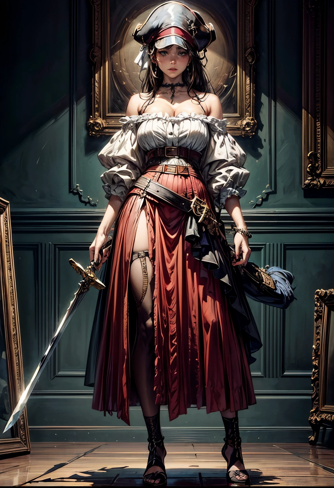 a painting of a woman in a red skirt holding a sword, beautiful character painting, style of raymond swanland, pirate woman, james gurney painting style, inspired by Willem Drost, by Willem Drost, andrew atroshenko, by Yang J, character painting, high fantasy. royo, epic exquisite character art, style of john berkey, by Zhang Wo