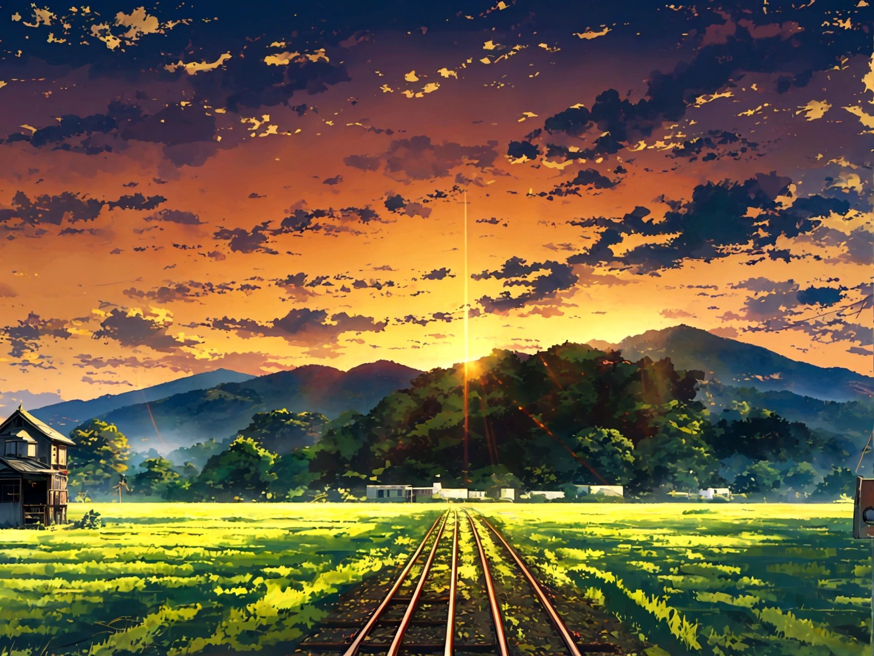 Rural landscape Paddy field Mountain sun Railroad crossing Electric pole Daytime