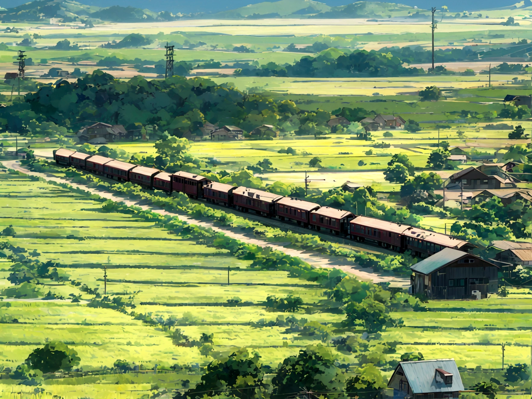 Rural landscape Paddy field Mountain sun Railroad crossing Electric pole Daytime