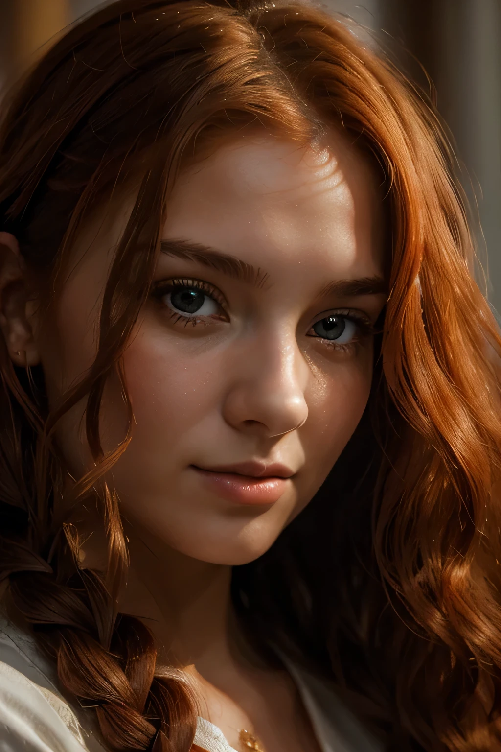 8 k, (Best quality), masterpiece, very detailed, (realistic), young woman, ((long very curly red hair)), two French braids of hair, ,Ultra detail, ultra realism, гиперrealistic, young woman smiles a wide radiant smile, (young woman улыбается глазами), close-up, play of light