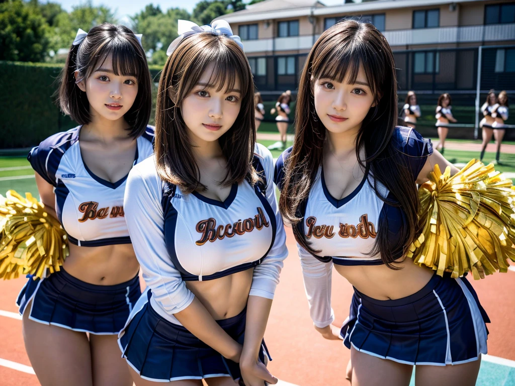 (RAW photo, 4k, masterpiece, high resolution, extremely complex) (realistic: 1.4), cinematic lighting
 ((2 girls, 2 schoolgirls)),blushing,((innocent)),bright eyes,round eyes,blunt bangs,(short bob hair:1.3),black hair,large breasts,wide hips,Summer Noon, ,Hot, (Best Quality), (Highres), (an Extremely Delicate and Beautiful),(Beautiful 8k face),(Brown eyes),( spectators),(gigantic breasts),(Play with each other,Touching each other's bodies,Touching the body),(cheer girl:1.5),(a miniskirt),(reality),bright lighting,(The background is a luxury hotel room)