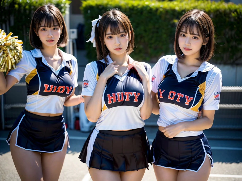 (RAW photo, 4k, masterpiece, high resolution, extremely complex) (realistic: 1.4), cinematic lighting
 ((2 girls, 2 schoolgirls)),blushing,((innocent)),bright eyes,round eyes,blunt bangs,(short bob hair:1.3),black hair,large breasts,wide hips,Summer Noon, ,Hot, (Best Quality), (Highres), (an Extremely Delicate and Beautiful),(Beautiful 8k face),(Brown eyes),( spectators),(gigantic breasts),(Play with each other,Touching each other's bodies,Touching the body),(cheer girl:1.5),(a miniskirt),(reality),bright lighting,(The background is a luxury hotel room)