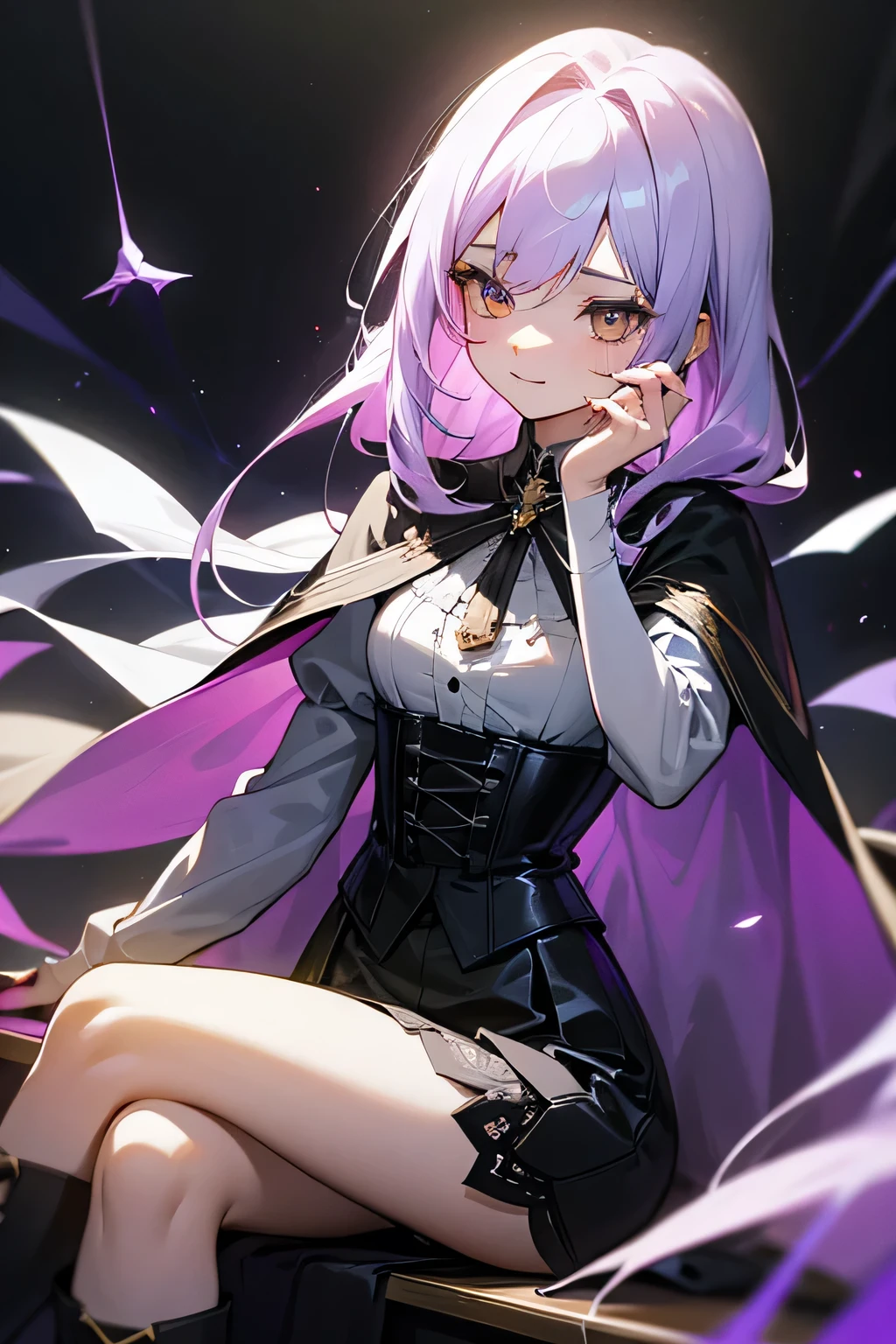 Purple gradient mesh on white hair、Long straight hair、Purple and yellow eyes、Black cape down to the waist、Black clothes、cool、garter belt、corset、boots、Ametrine-like purple and yellow pendulum necklace、skirt、1 person、Girl、Upper body close-up、Sitting on a chair with legs crossed、Long black socks、high resolution、、Holding a chess piece、Playing chess、