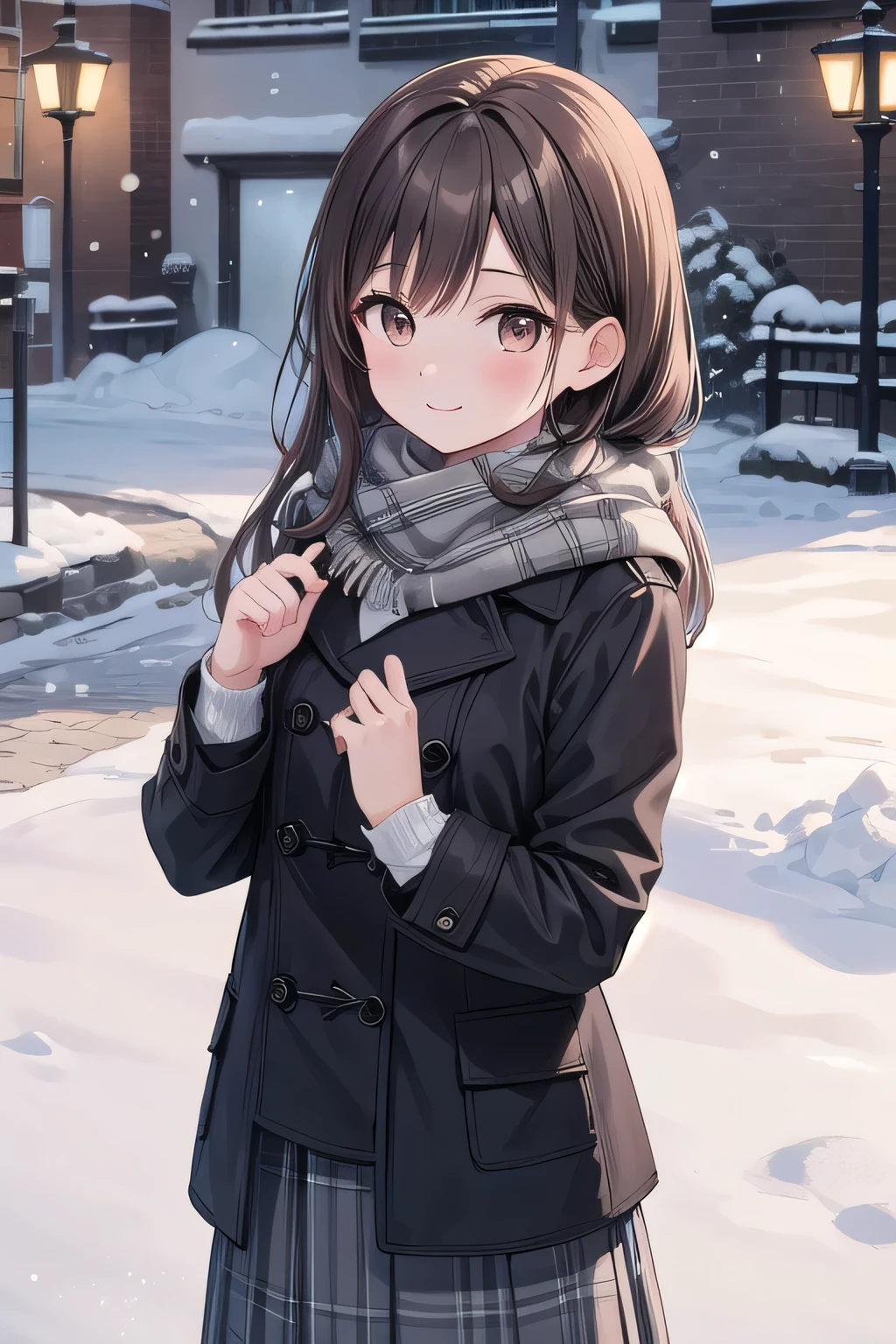 Solo Girl, 20-year-old,Long Hair, Dark brown hair, Brown eyes, Mid-chest, Happy,pea coat,,Fluffy scarf,Maxi Skirt ,Outdoor, winter,snow, Highest quality, High resolution, Very detailed, Detailed Background, Perfect lighting