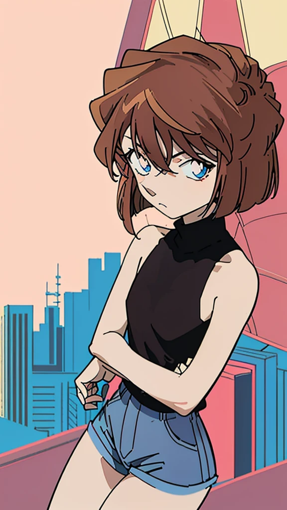 anime style, (1girl in, Solo:1.0), (Haibara Ai), ((Short pants)), (((Big eyes))), (Cute anime girl head), (flat chest),looking at viewer,With a height of 100cm,  shoot from front, (head shot),  Simple lineinimalism，Abstract Art，City background