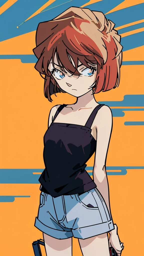 anime style, (1girl in, Solo:1.0), (Haibara Ai), ((Short pants)), (((Big eyes))), (Cute anime girl head), (flat chest),looking at viewer,With a height of 100cm,  shoot from front, (head shot),  Simple lineinimalism，Abstract Art，City background