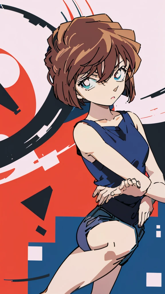 anime style, (1girl in, Solo:1.0), (Haibara Ai), ((Short pants)), (((Big eyes))), (Cute anime girl head), (flat chest),looking at viewer,With a height of 100cm, shoot from front, (head shot), Simple lineinimalism,Abstract Art,City background