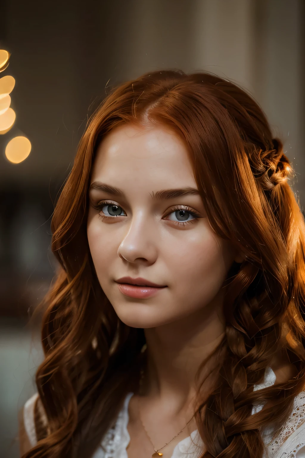 8 k, (Best quality), masterpiece, very detailed, (realistic), young woman, ((long very curly red hair)), two French braids of hair, ,Ultra detail, ultra realism, гиперrealistic, young woman smiles a wide radiant smile, (young woman улыбается глазами), close-up, play of light
