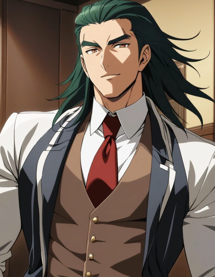 1man, vice principal, middle mullet hairstyle, dark-green hair, slicked back, copper-colored eyes, middle-thick eyebrows, square-shaped head, handsome, middle-muscular, ordinary, forehead, 30yo, BREAK solo, fomal beige three-piece suit, brown vest, red tie, white collared shirt, soft smile, upperlegs, in bible black style, elegant quality, 2000s, extreme all detailed, masterpiece, best quality