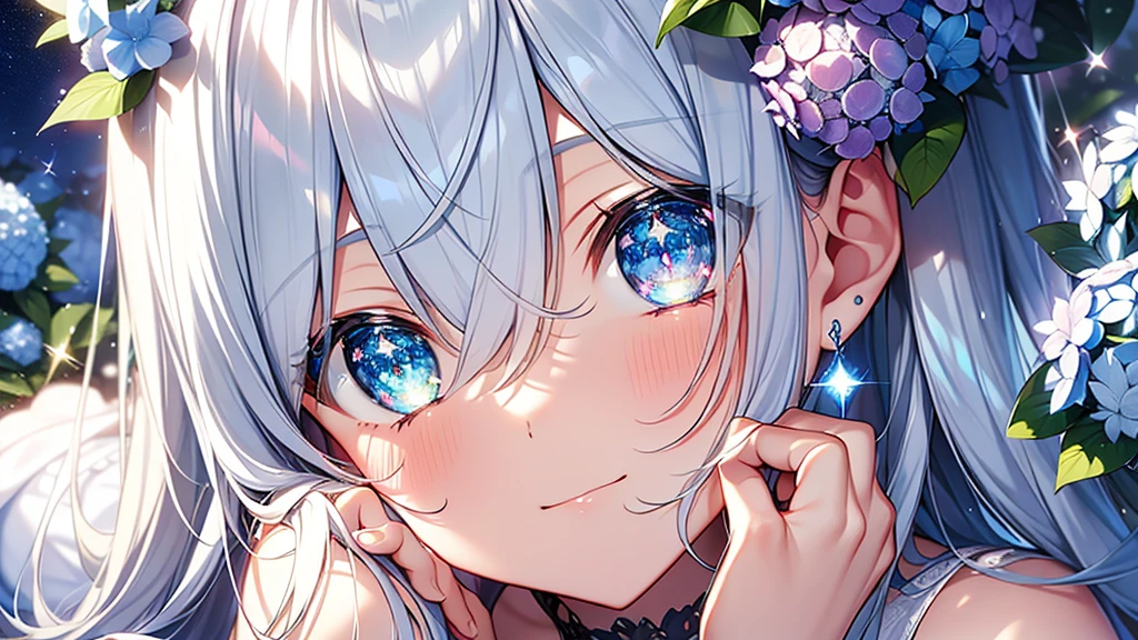 Best quality、Photorealistic、Ultra-detailed、delicate、Orderly、High Detail、Bluish Silver Short Bob、(Drooping heterochromia iris,glowing eyes、Sparkling Eyes:1.3)、slender、(One girl:1.2)、(hydrangea、night、Guided by the moonlight、The twinkling of the constellationysterious、Fantasy、Dramatic angle:1.3)、Ambient Occlusion、Ambient Light、Ray-traced Reflections、Glow、Shiny Hair、