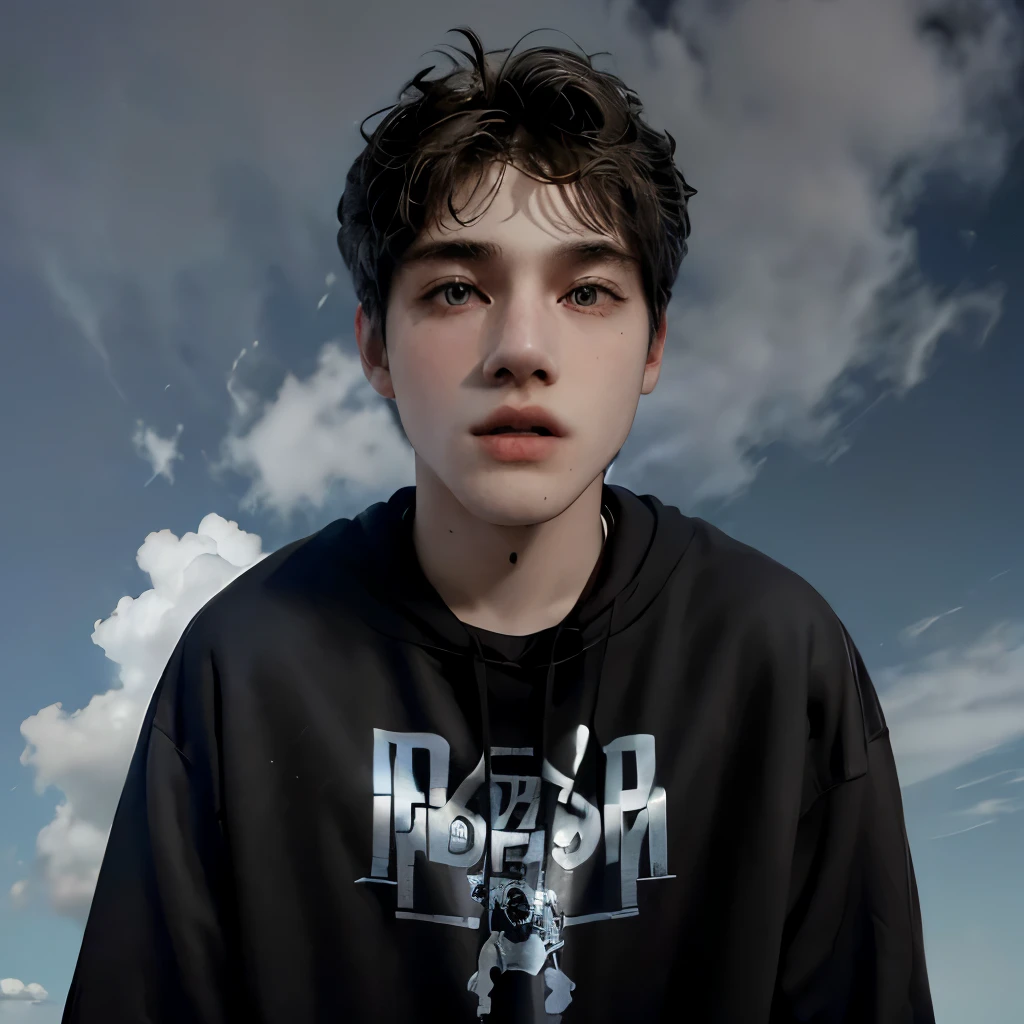 (masterpiece:1.2), (best quality:1.2), hyper realistic,highestres,absurdres,extremely detailed,volumetic,dramatic lighting,(frontal view),
20 year old boy,face,detailed eyes, flat black hoodie, black t-shirt, with background ((sky))