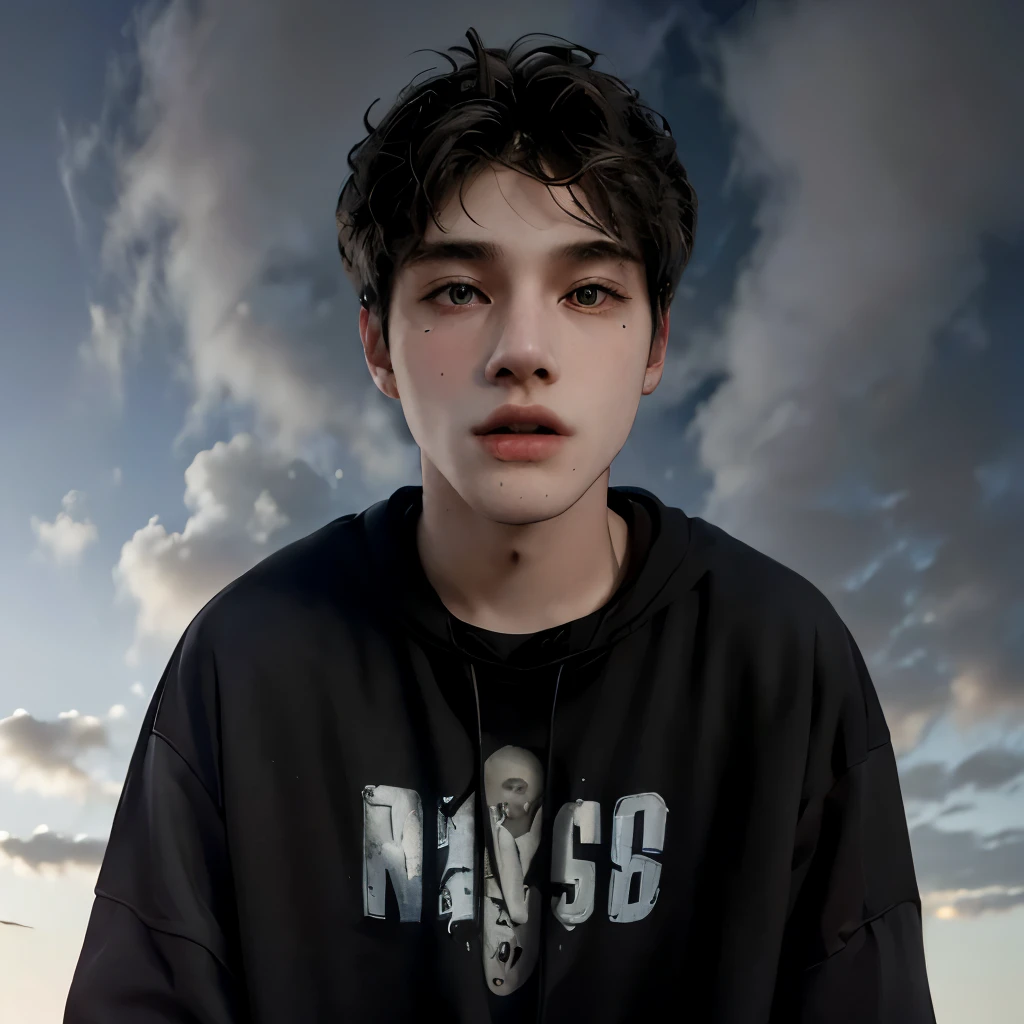 (masterpiece:1.2), (best quality:1.2), hyper realistic,highestres,absurdres,extremely detailed,volumetic,dramatic lighting,(frontal view),
20 year old boy,face,detailed eyes, flat black hoodie, black t-shirt, with background ((sky))