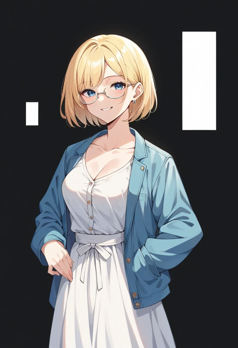 beautiful woman, beautiful face, solo, from center, standing, medium bob cut blonde hair, light blue eyes, two points glasses, medium breasts, blue denim jacket, white dress shirts, white pleats long skirt, soft smile, black background, no background, pastel 2d art, matte painting, anime, masterpiece