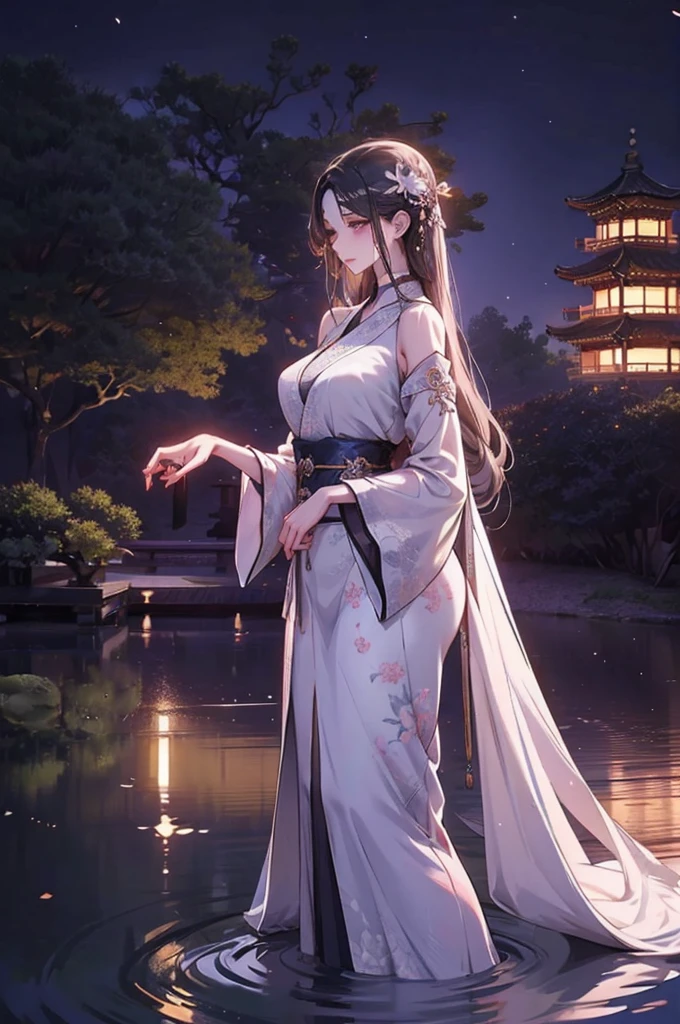 Empress Jiuyou is a stunning and majestic figure with long, flowing black hair that shimmers with a mystical glow. Her deep violet eyes are filled with wisdom and a touch of sadness. Her flawless, pale skin gives her an almost ethereal appearance.

She is dressed in an elegant, modest Hanfu, featuring wide sleeves, a high collar, and layers of delicate, pastel-colored fabrics adorned with intricate patterns and sparkling gemstones. The Hanfu should cover her completely while accentuating her slender, regal figure,Set the scene in a beautiful imperial garden under the moonlight. The garden is filled with blooming flowers, ancient trees, and a tranquil pond with lily pads. Stone pathways meander through the lush greenery, leading to a traditional pavilion with ornate wooden carvings. The moon casts a soft, silvery light over the garden, creating a serene and enchanting atmosphere.

Empress Jiuyou stands gracefully near the pavilion, her elegant Hanfu flowing gently in the night breeze. The overall scene should exude a sense of peace and natural beauty, highlighting her divine and regal presence against the picturesque backdrop of the imperial garden.