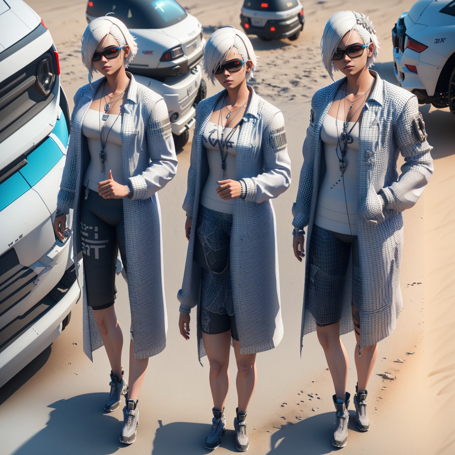 there is a man with a white wig and sunglasses standing on the beach, Avatar da segunda vida, avatar da parte superior do corpo, segunda vida, no cyberpunk 2077, eu virtual, em um aliado cyber - punk, ( ( ( ( 3D rendering ) ) ) ), capanga de rua cyberpunk, 2b, 2b, como um personagem do GTAV, ovelha