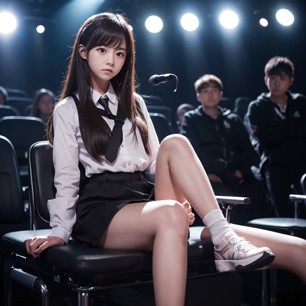 A girl holding a bomb sits on a chair on a dark stage。The girl is in the spotlight