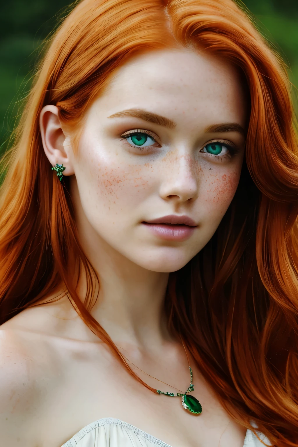 A breathtakingly beautiful Celtic woman, adorned with fiery red hair that cascades down her shoulders, adorned with a sprinkling of freckles across her nose and cheeks. Her emerald green eyes sparkle with an otherworldly allure, captivating the gaze of any onlooker. This enchanting portrait, skillfully crafted with a realistic touch, showcases the natural beauty of her radiant skin, with fine details of skin pores and the soft hues of peach fuzz. Short yet impactful, her ginger hair frame her delicate yet symmetrical features, a true masterpiece that could potentially win awards. This unbelievably detailed image, captured
