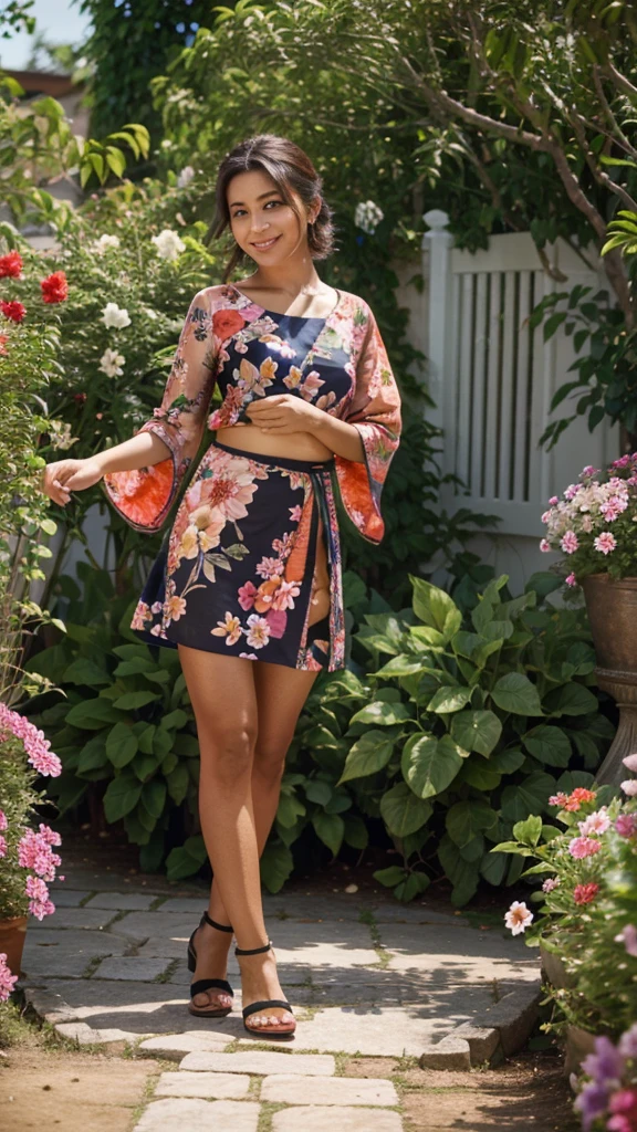 a flower in someone's hand , only  female hand is seen in the frame , a flower garden in background, vibrant colors