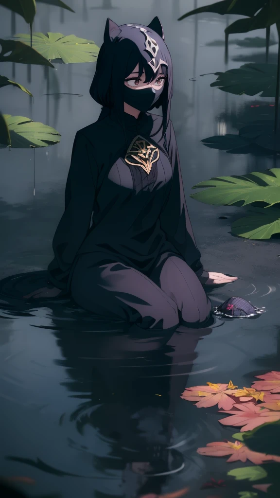 1girl, sad, sitting, (umbra-mask), (shadow-self), (dark-aura), (low-resoul-mist), (dark-lotus), ((fountain:0.9)), (water), (water-falling-down), (falling-leaves:0.8)), (small-tree:0.6), (small-fence:0.5), (forest-floor), (misty-background), (mysterious-mood), (low-light), (low-angle-shot), (posing:1.1), (slightly-looking-away), (hand-on-umbra-mask), (fingernails-long), (umbra-symbol-on-forearm), (symbol-of-earth-element), (elegant-attire), (dark-clothing), (shadow-dance-mood), (high-contrast), (vibrant-colors), (water-reflection)