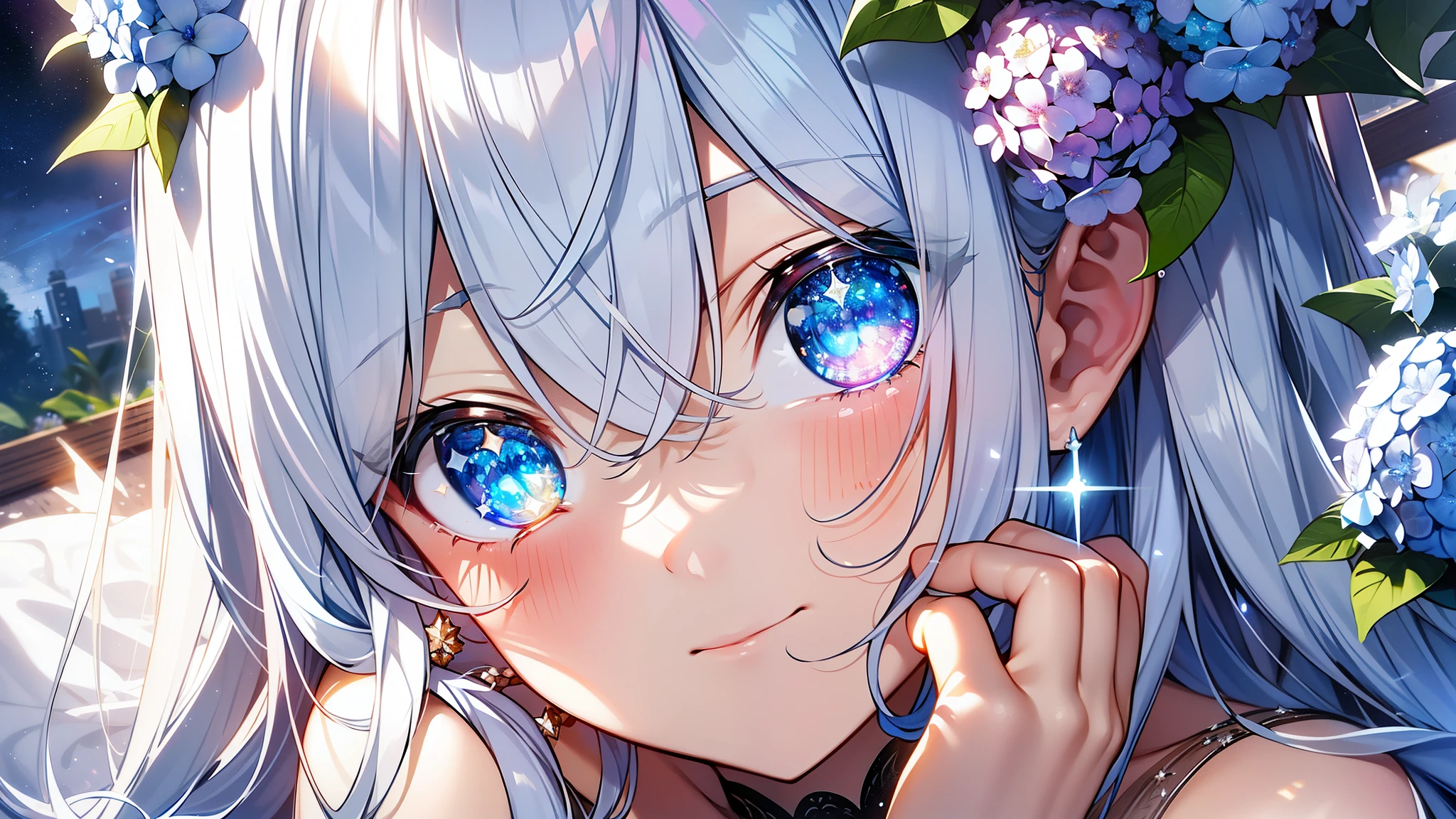 Best quality、Photorealistic、Ultra-detailed、delicate、Orderly、High Detail、Bluish Silver Short Bob、(Drooping heterochromia iris,glowing eyes、Sparkling Eyes:1.3)、slender、(One girl:1.2)、(hydrangea、night、Guided by the moonlight、The twinkling of the constellationysterious、Fantasy、Dramatic angle:1.3)、Ambient Occlusion、Ambient Light、Ray-traced Reflections、Glow、Shiny Hair、