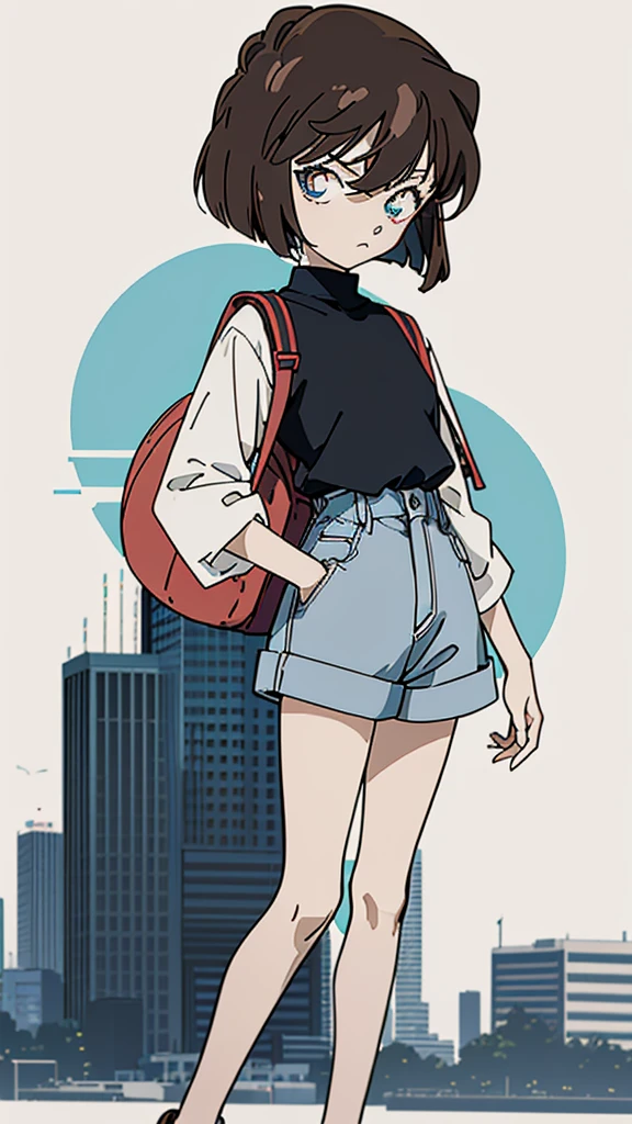 anime style, (1girl in, Solo:1.0), (Haibara Ai), ((Short pants)), (((Big eyes))), (Cute anime girl head), (flat chest),looking at viewer,With a height of 100cm,  shoot from front, (head shot),  Simple lineinimalism，Abstract Art，City background