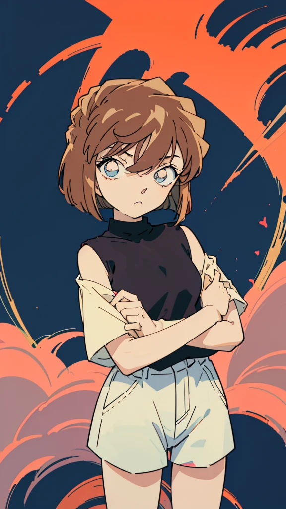 anime style, (1girl in, Solo:1.0), (Haibara Ai), ((Short pants)), (((Big eyes))), (Cute anime girl head), (flat chest),looking at viewer,With a height of 100cm,  shoot from front, (head shot),  Simple lineinimalism，Abstract Art，City background