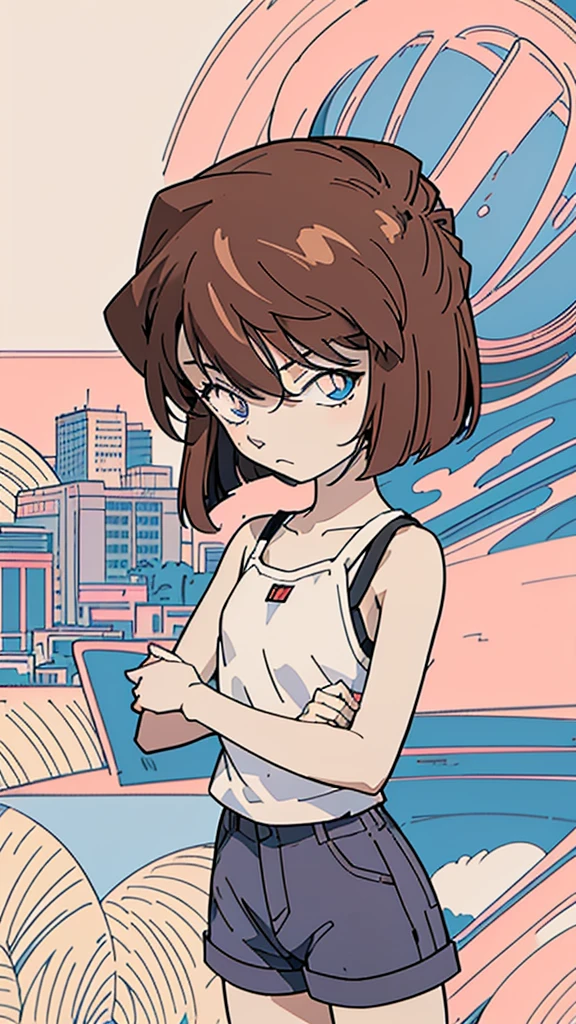anime style, (1girl in, Solo:1.0), (Haibara Ai), ((Short pants)), (((Big eyes))), (Cute anime girl head), (flat chest),looking at viewer,With a height of 100cm, shoot from front, (head shot), Simple lineinimalism,Abstract Art,City background