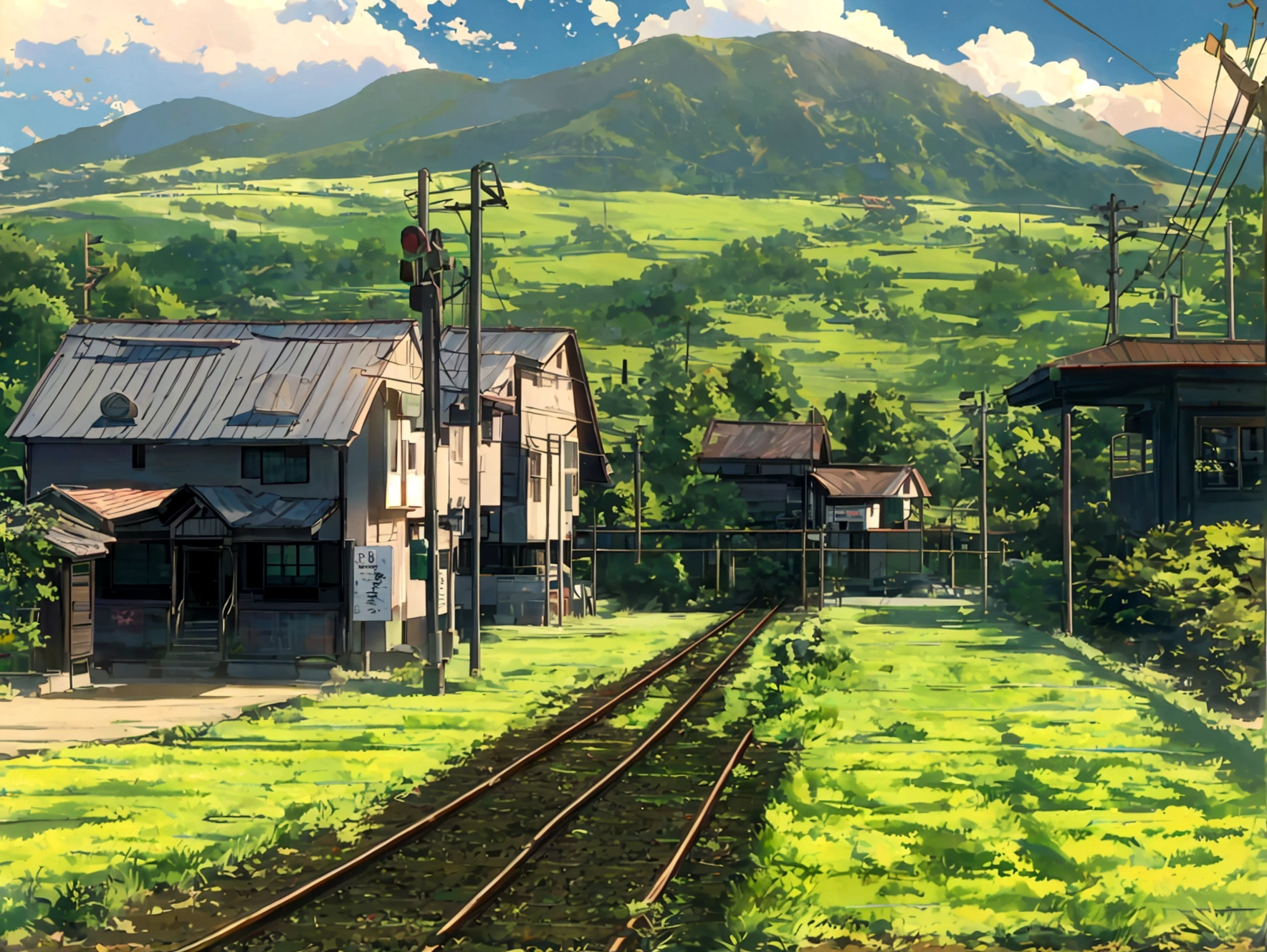 Rural landscape　Paddy field　Mountain　sun　Railroad crossing　Electric pole　Daytime　Students walking