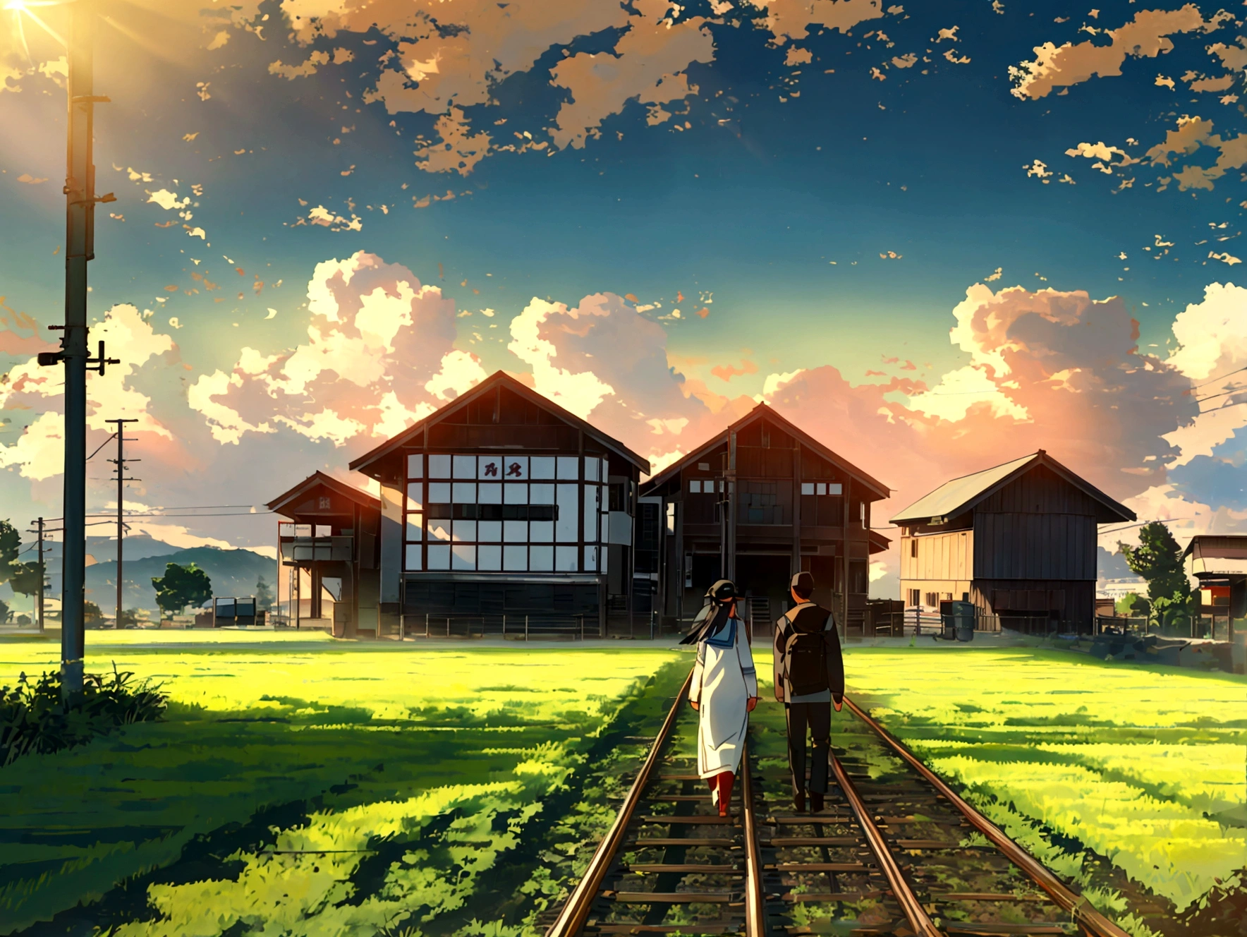 Rural landscape Paddy field Mountain sun Railroad crossing Electric pole Daytime Students walking