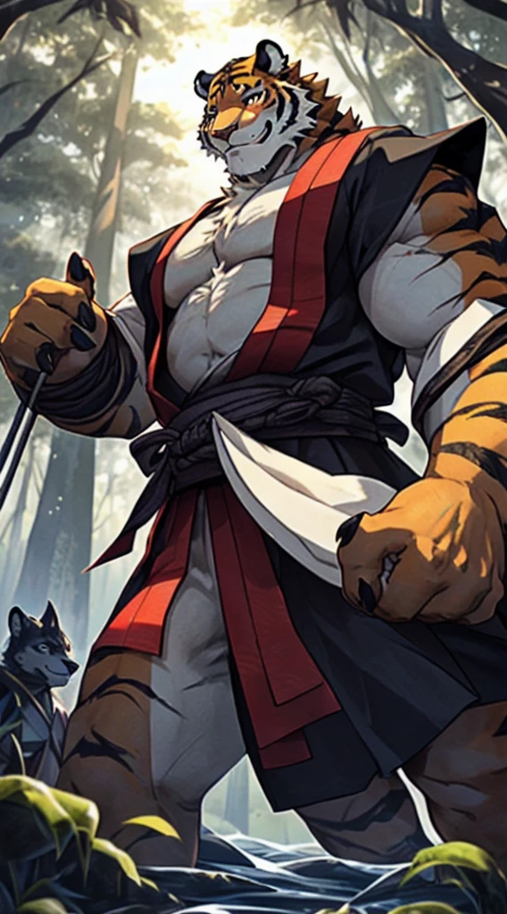 Official Art, masterpiece, Extremely detailed, (Clear focus:0.6), Depth of Field, Perfect lighting, best quality,
hairy, male, Siberian tiger, (Cats:0.3), Hybrids ,Japanese samurai costume, Smile,  
Dynamic Angle,Forest Background,The physically strong,Black pupil,fur