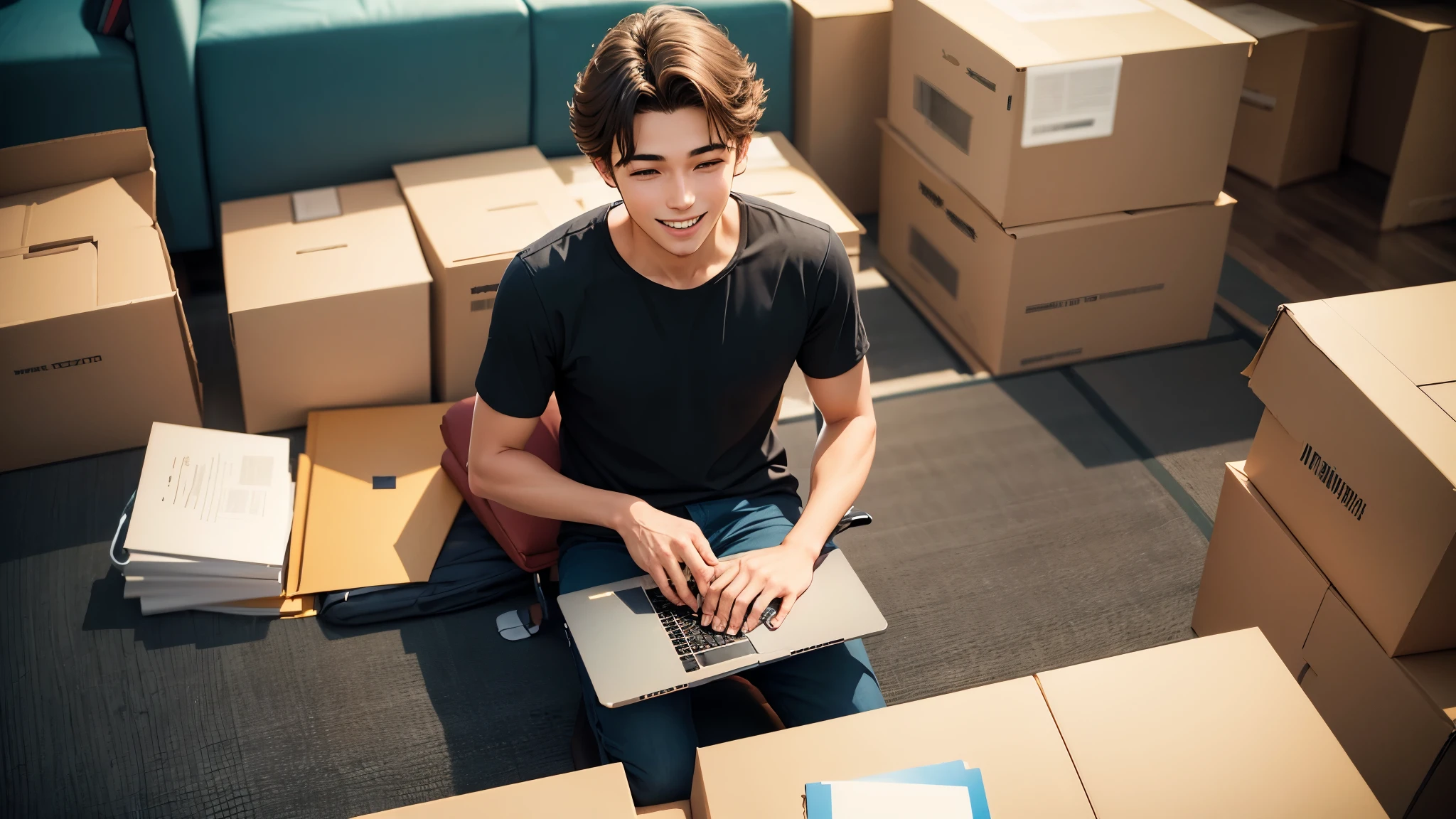 A happy, full-length young man sitting on unpacking a new laptop