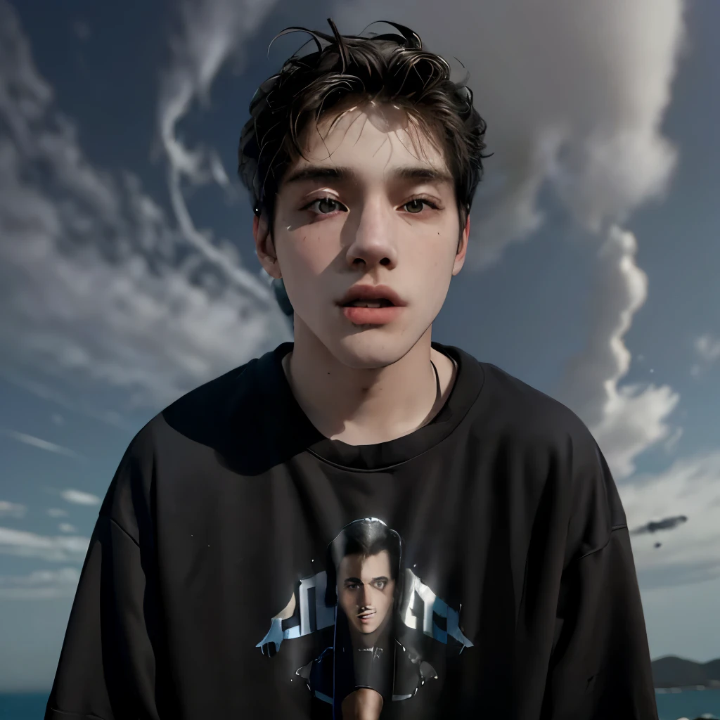 (masterpiece:1.2), (best quality:1.2), hyper realistic,highestres,absurdres,extremely detailed,volumetic,dramatic lighting,(frontal view),
20 year old boy,face,detailed eyes, flat black hoodie, black t-shirt, with background ((sky))