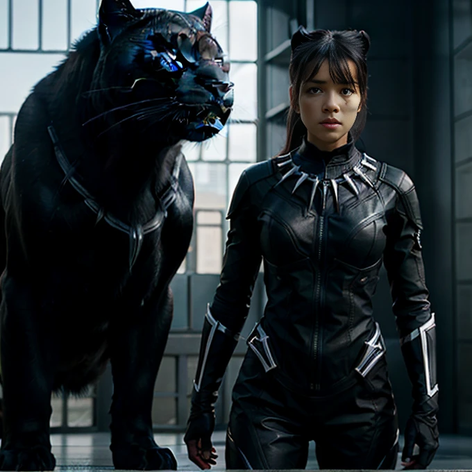 Ultra-high resolution、Ultra HD、8K、Realistic live action 1 girl Standing next to a huge, ferocious black panther.Surrealist. Bright white and black with sharp shadows,  The black panther&#39;s eyes are blue and share, beautiful girl european, large breasts. Final fantasy style panther