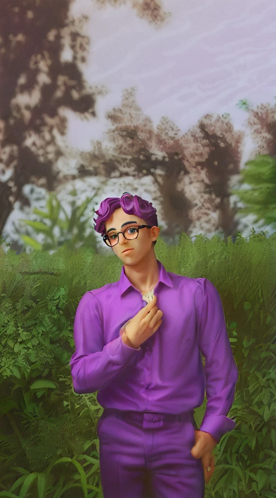 man, curly hair, glasses, purple shirt