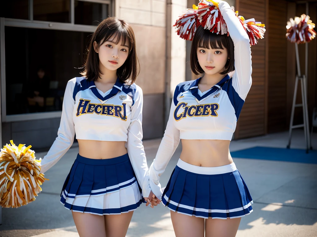 (RAW Photos, 4K, masterpiece, High resolution, Very complex) (reality的: 1.4), Cinema Lighting
((2 girls, 2 high school girls)),Blushing,((Innocent)),Bright Eyes,Round eyes,Blunt bangs,(Short Bob Hair:1.3),Black Hair,Large Breasts,Wide Hips,Summer noon, ,hot, (Highest quality), (High resolution), (Very delicate and beautiful),(Beautiful 8k face),(Brown eyes),( audience),(Huge breasts),(Play with each other,Touching each other's bodies,Touching the body),(Cheerleader:1.5),(mini skirt),(reality),Bright lighting,(The background is a room in a luxury hotel)