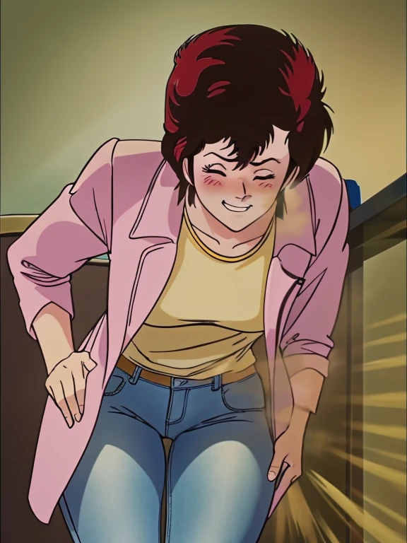 HD, high quality, high resolution, ultrahd,Kaori Makimura, 1female, wearing default outfit, light pink shirt, white coat, wearing coat over tshirt, jeans, default hair, brown hair, very tall body, thin body, massive , yellow smoke, velocity, closed eyes, blush, leaning, bending over, embarrassed, smiling, clenching teeth, alone in a room, beautiful lighting, highlights