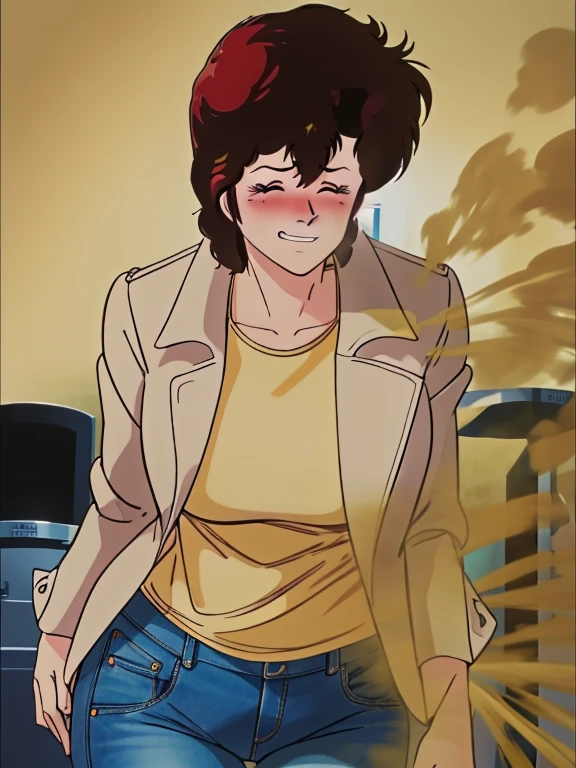 HD, high quality, high resolution, ultrahd,Kaori Makimura, 1female, wearing default outfit, light pink shirt, white coat, wearing coat over tshirt, jeans, default hair, brown hair, very tall body, thin body, massive fart, yellow smoke, velocity, closed eyes, blush, leaning, bending over, embarrassed, smiling, clenching teeth, alone in a room, beautiful lighting, highlights